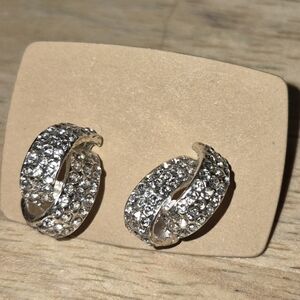Rhinestone Silver Tone Small Hoop Earrings